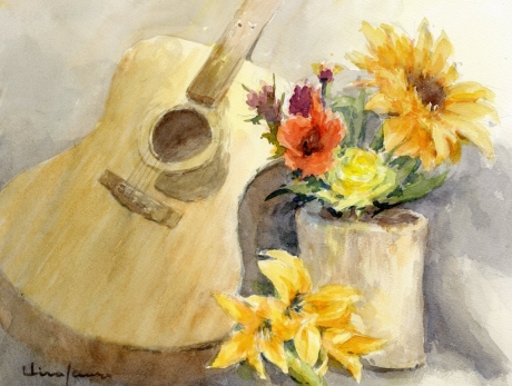 花とギターの静物：F6