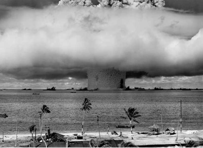 Testing of a hydrogen bomb at Bikini Atoll.