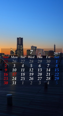 2017年7月　無料モバイル壁紙カレンダー　モバイルカレンダー壁紙